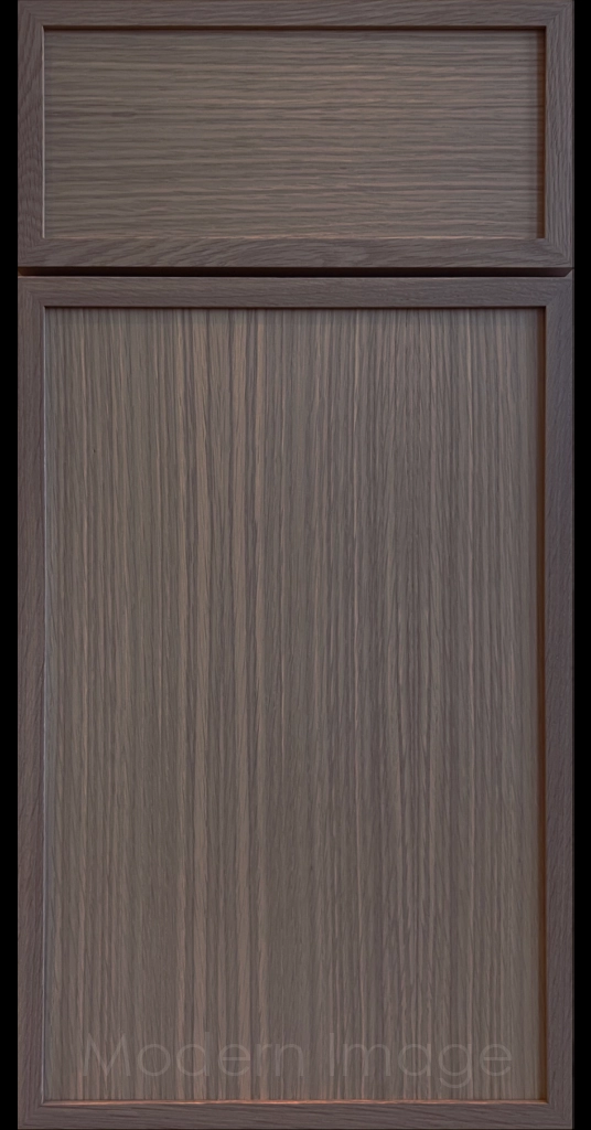 Close-up of a Truffle Stain Arcadia shaker-style cabinet door, featuring slim stile & rail surrounding a flat center panel